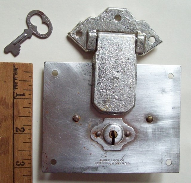 L120 - Antique Tinned Eagle Trunk Lock & Key - SOLD 12/2021
